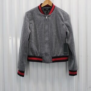 NWT Forever 21‎ Womens Gray Metallic Sparkle Bomber Jacket Ribbed Trim Size M